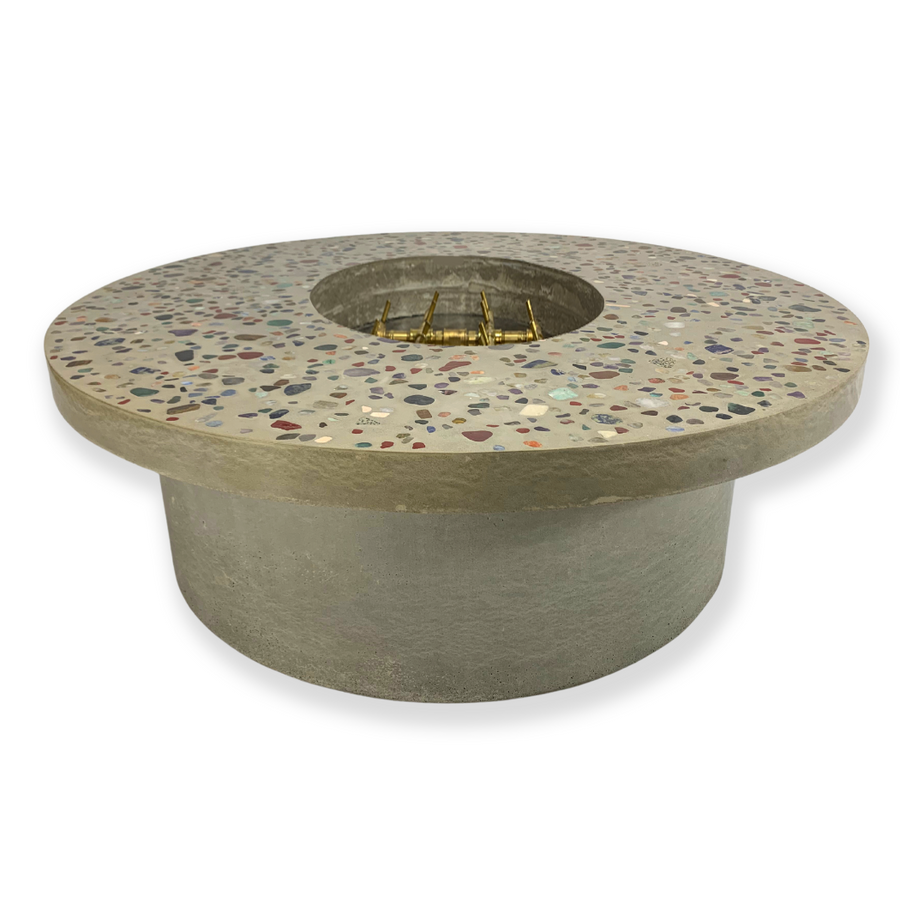 Brazilian Rainbow Gemstone Terrazzo Style Inlay - 120K BTU - Large 48"D x 16"H - Concrete - Gathering Stone Fire Pit Table